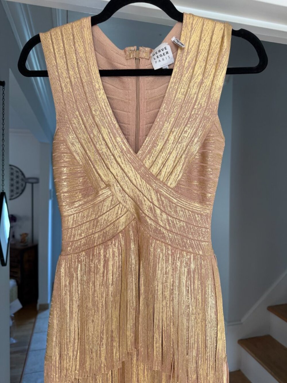 Hervé Léger Foiled Bandage Fringe Midi Dress - Gold, XXS - Picture 3 of 4
